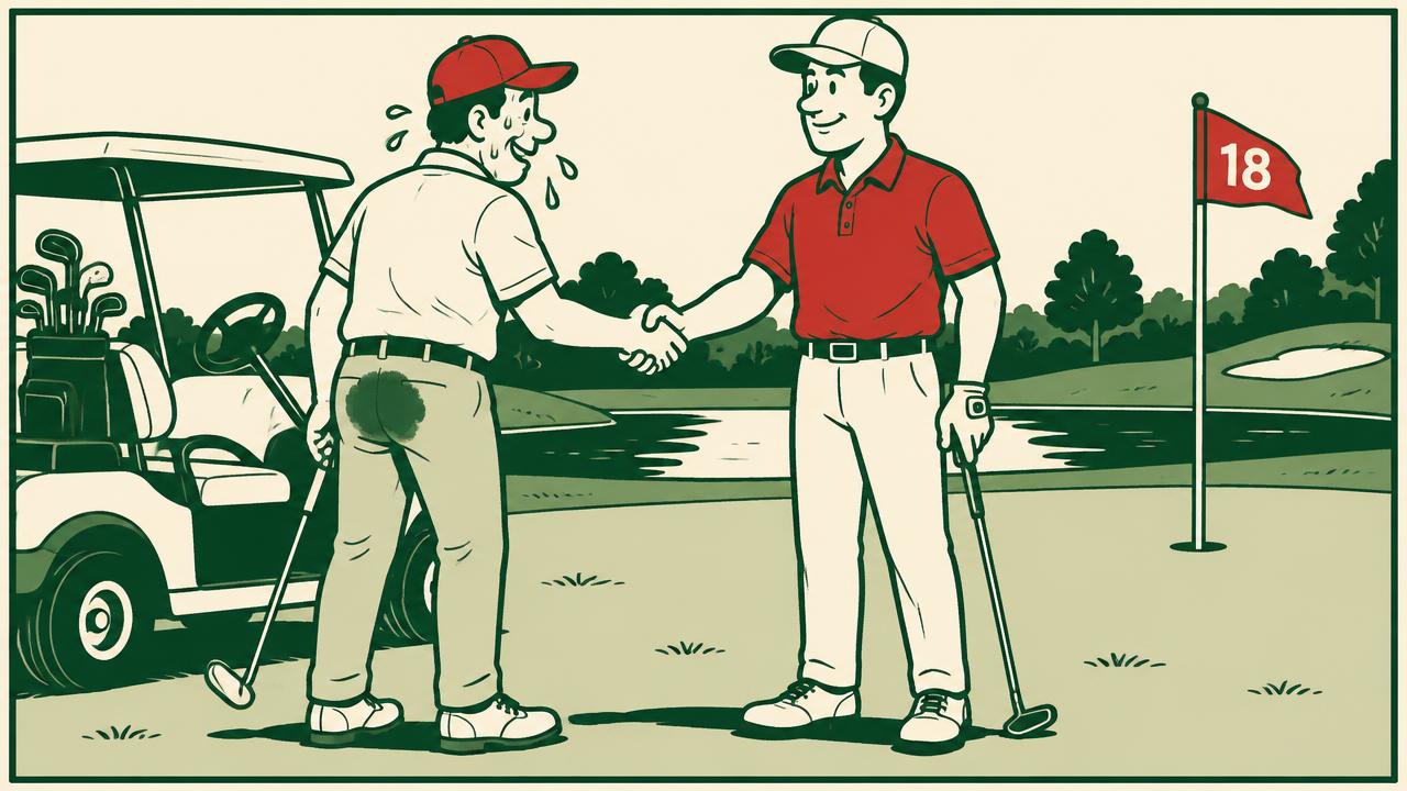 Comic panel: two golfers shake hands on the 18th, one with a sweat patch and one perfectly dry