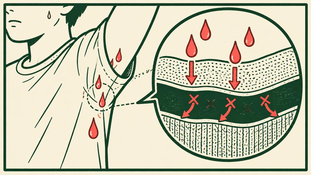 Comic panel showing sweat drops absorbed by the inner layer and stopped by the barrier layer
