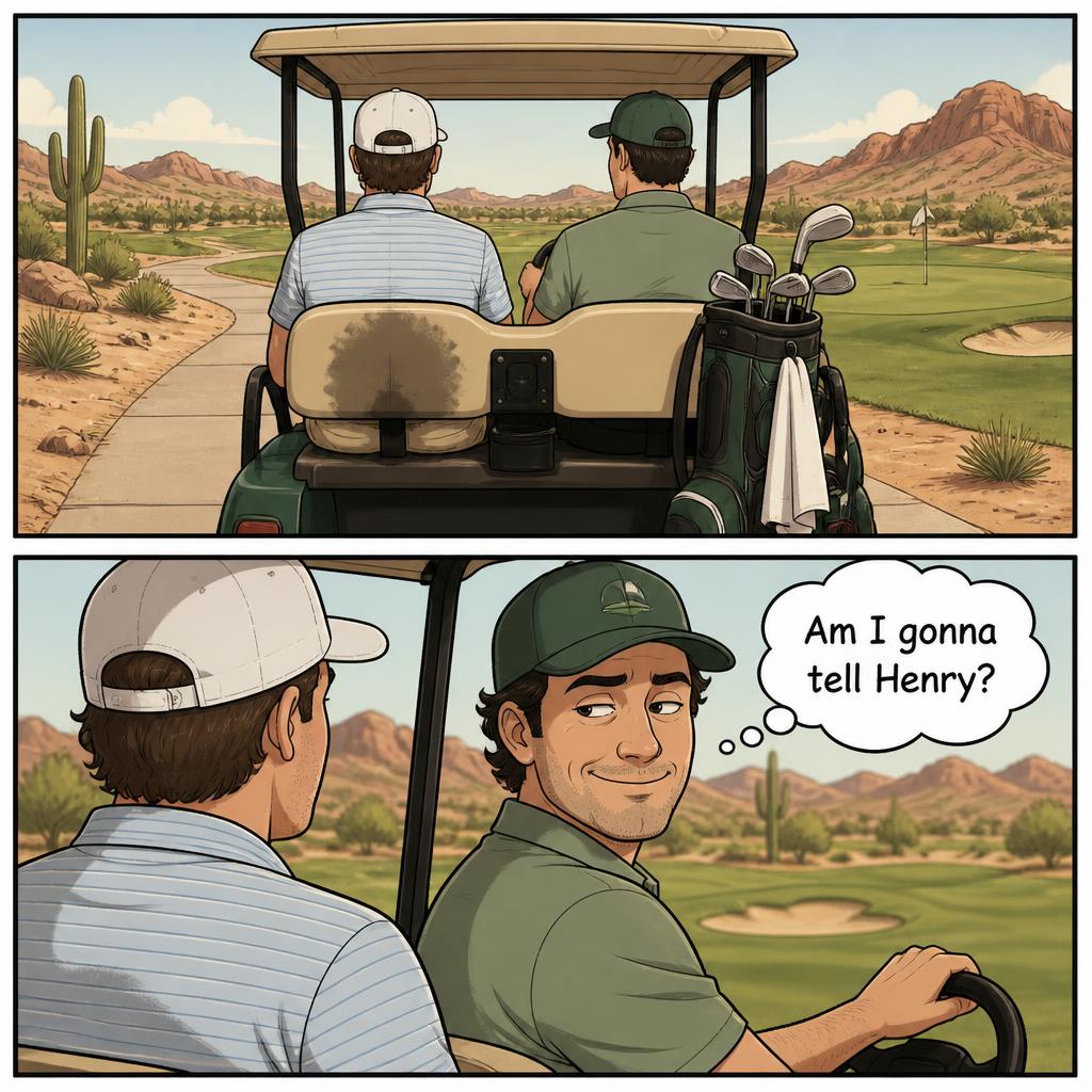 Two-panel comic showing a golfer with a sweat smudge and his cart buddy thinking Am I gonna tell Henry?