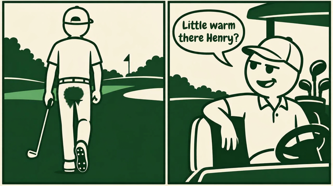 Two-panel flat comic: rear view of a golfer with a sweat patch across the seat of his trousers, and his cart buddy smirking
