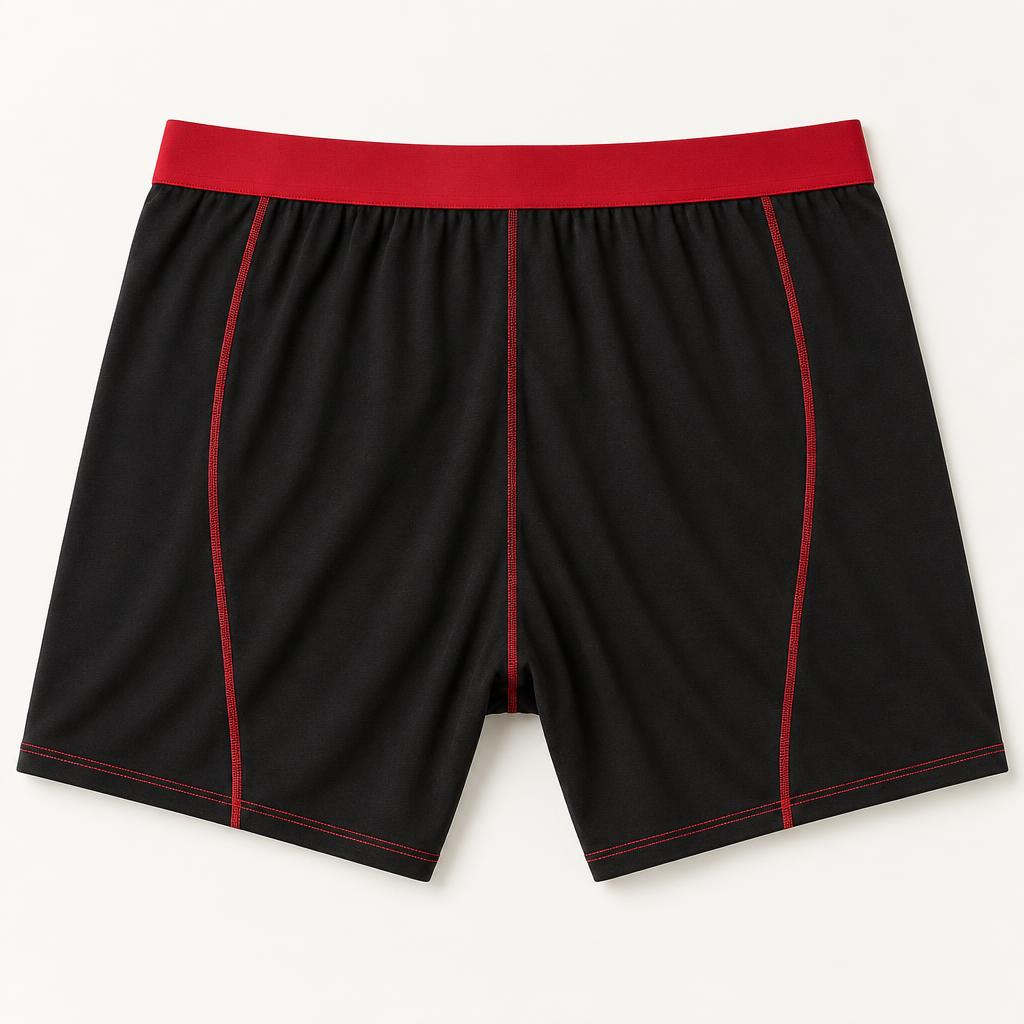 Relaxed-fit black boxer brief with red waistband and red stitching, back view