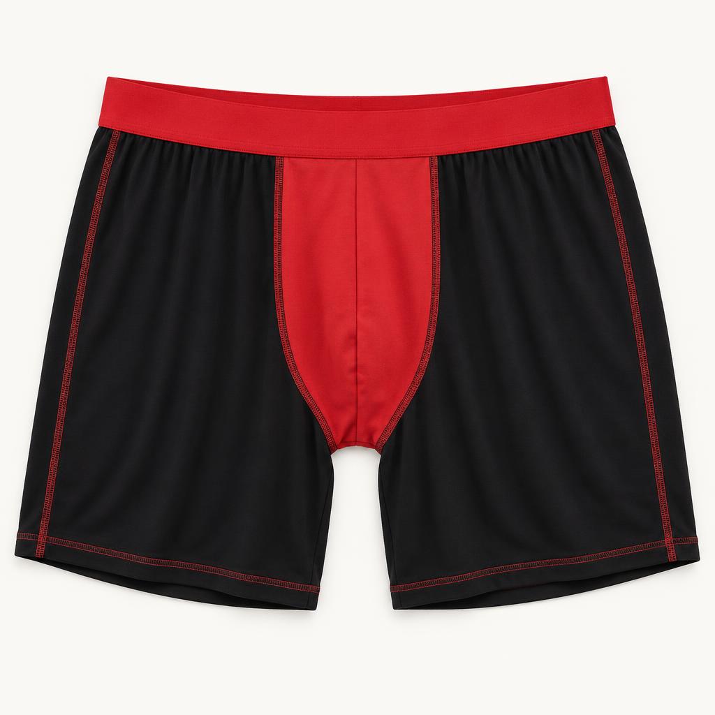 Relaxed-fit black Tacamahh boxer brief with red waistband and red contrast stitching