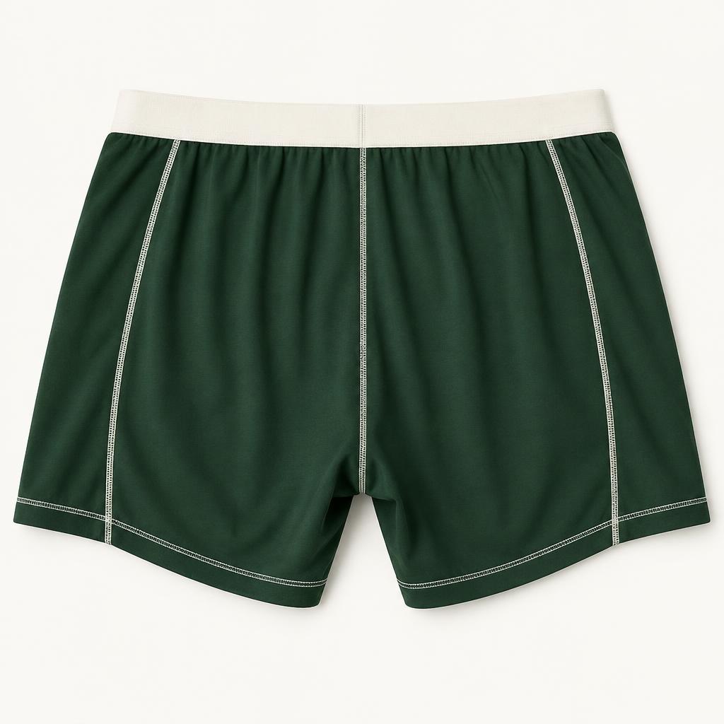 Relaxed-fit forest green boxer brief with ivory waistband, back view